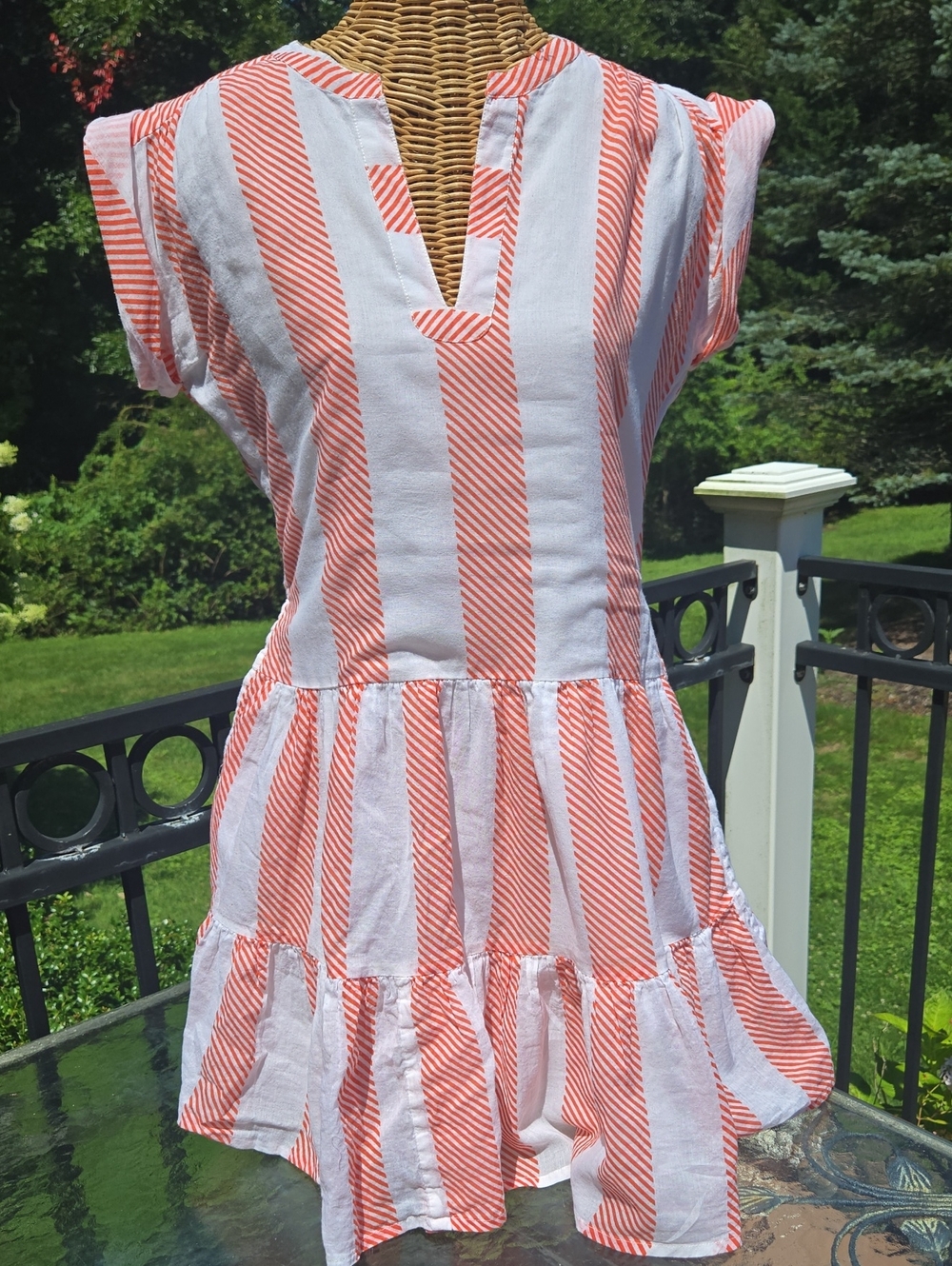 Oliphant White and Coral Striped Casual Tiered Dress